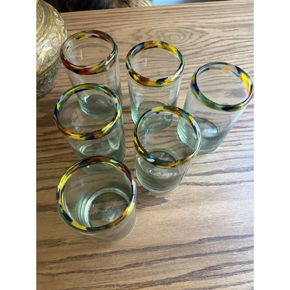 Vintage Mexican Hand Blown Carnival Rimmed Cocktail Glasses Set of 6 Thick Glass